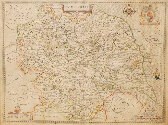 After John Speed (1552-1629), hand coloured engraved map of Yorkshire, sold by Thomas Bassett and Richard Chiswell, 39 x 52cm